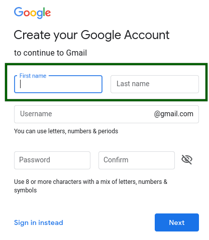 Gmail account creation form