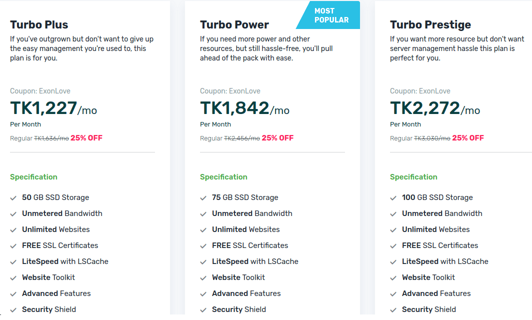 Turbo Hosting প্যাকেজ